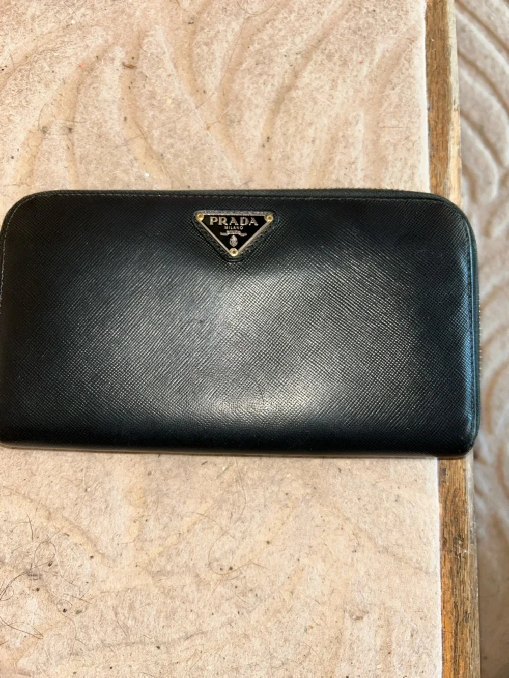 Prada Black Saffiano Zip Wallet with Gold Logo